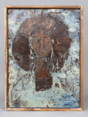 une peinture à l'huile représentant un éléphant, dans un cadre en bois, sur fond gris