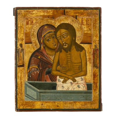 une peinture représentant une femme tenant un enfant sur ses genoux