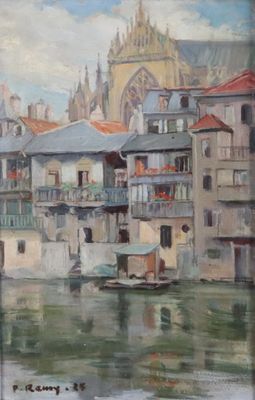 a painting of a boat in the water near a city