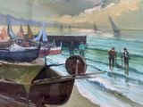 a painting of a painting of a boat on the beach