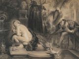un dessin représentant un homme assis sur une table à côté d'une femme