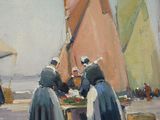 painting of a couple of women sitting at a table with a sailboat in the background