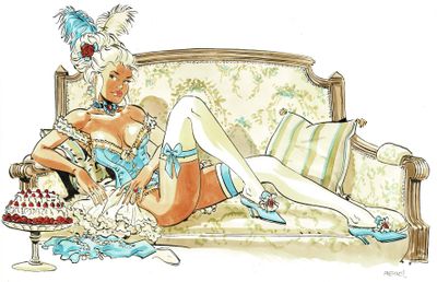 dessin représentant une femme assise sur un canapé, avec un gâteau devant elle
