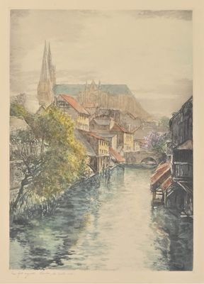 tableau représentant une rivière traversant une ville, avec une église en arrière-plan