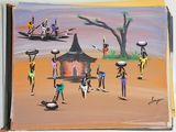 a painting of a group of people walking in the desert