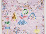 an image of a pink scarf with colorful designs on it