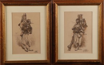 two framed drawings of a man and a woman walking together