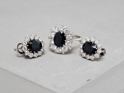 a close up of a pair of black and white diamond earrings