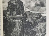 a black and white drawing of a woman in a field