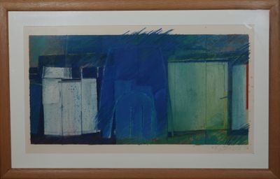 an image of a painting of a blue building with a green door