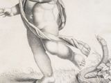 un vieux dessin représentant un bébé qui court, un serpent à la main
