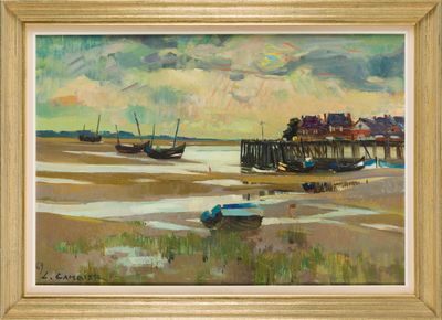 une peinture de bateaux sur la plage au bord de l'eau