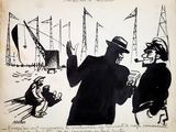 drawing of a man in a black coat and hat talking to a man in a black coat