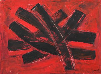 abstract painting of red and black brush strokes on a red background