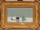 an image of a painting of a dog in a gold frame on a table