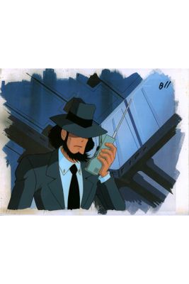 cartoon of a man in a suit and hat talking on a cell phone