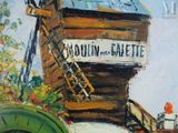 a painting of a windmill with a sign on it