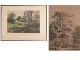 two drawings of trees and a golf course in the distance