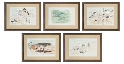 quatre aquarelles encadrées représentant des personnes et des animaux sur fond blanc