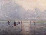 une peinture représentant un groupe de personnes sur la plage