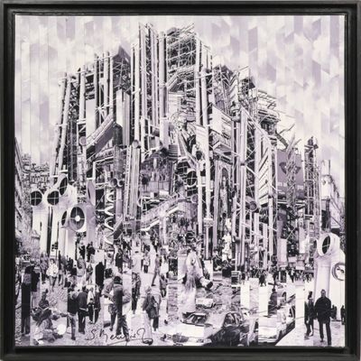 peinture représentant une photo en noir et blanc d'une ville où il y a beaucoup de monde