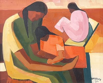 un tableau représentant une femme en train de lire un livre à un enfant