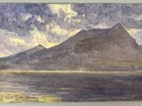 a watercolor painting of a mountain and a body of water