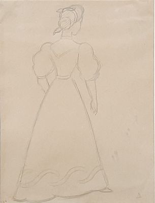 a drawing of a woman in a long dress standing in front of a white background