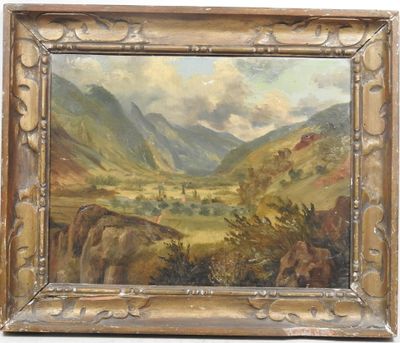 une peinture à l'huile représentant un paysage de montagne avec une vallée au premier plan