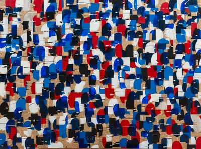 an abstract painting of blue, red, and white shapes on a brown background