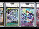 four different types of pokemon cards in a row on a black background