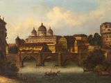 painting of a view of a city with a bridge over a river