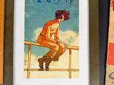 a picture of a woman sitting on a railing next to a book