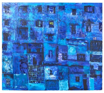 tableau représentant un bâtiment bleu avec de nombreuses fenêtres et une lumière jaune