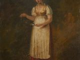 painting of a woman in a white dress holding a bird in her hand