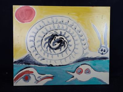 un tableau représentant un escargot et deux oiseaux dans l'eau