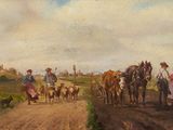 an image of a painting of people and horses on a dirt road
