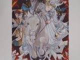 painting of a woman riding a horse with a man on the back