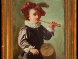 an oil painting of a young boy with a flute in his hand