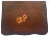 brown leather wallet with a picture of a violin on it