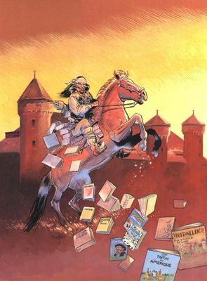 illustration représentant un homme à cheval, avec de nombreux livres posés par terre