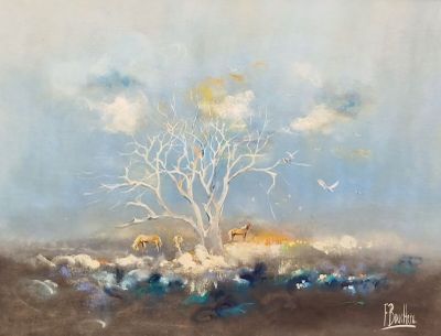 une image représentant un tableau où l'on voit un arbre dans un champ, avec des oiseaux qui volent autour