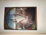 a painting on the wall of a room that has a picture of people on a boat