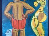 un tableau représentant un homme debout à côté d'une femme sur la plage