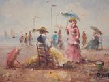 a painting of people on the beach with umbrellas