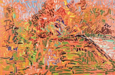 l'image d'une peinture représentant une rivière avec des arbres en arrière-plan