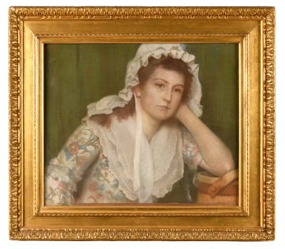 painting of a woman in a bonnet and dress sitting in front of a green background