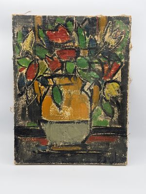 a painting of flowers in a vase on a table