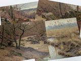 four postcards of paintings of a landscape with trees and a stream