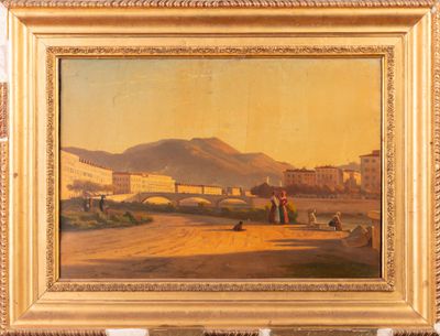 painting of a view of a town with a bridge in the foreground
